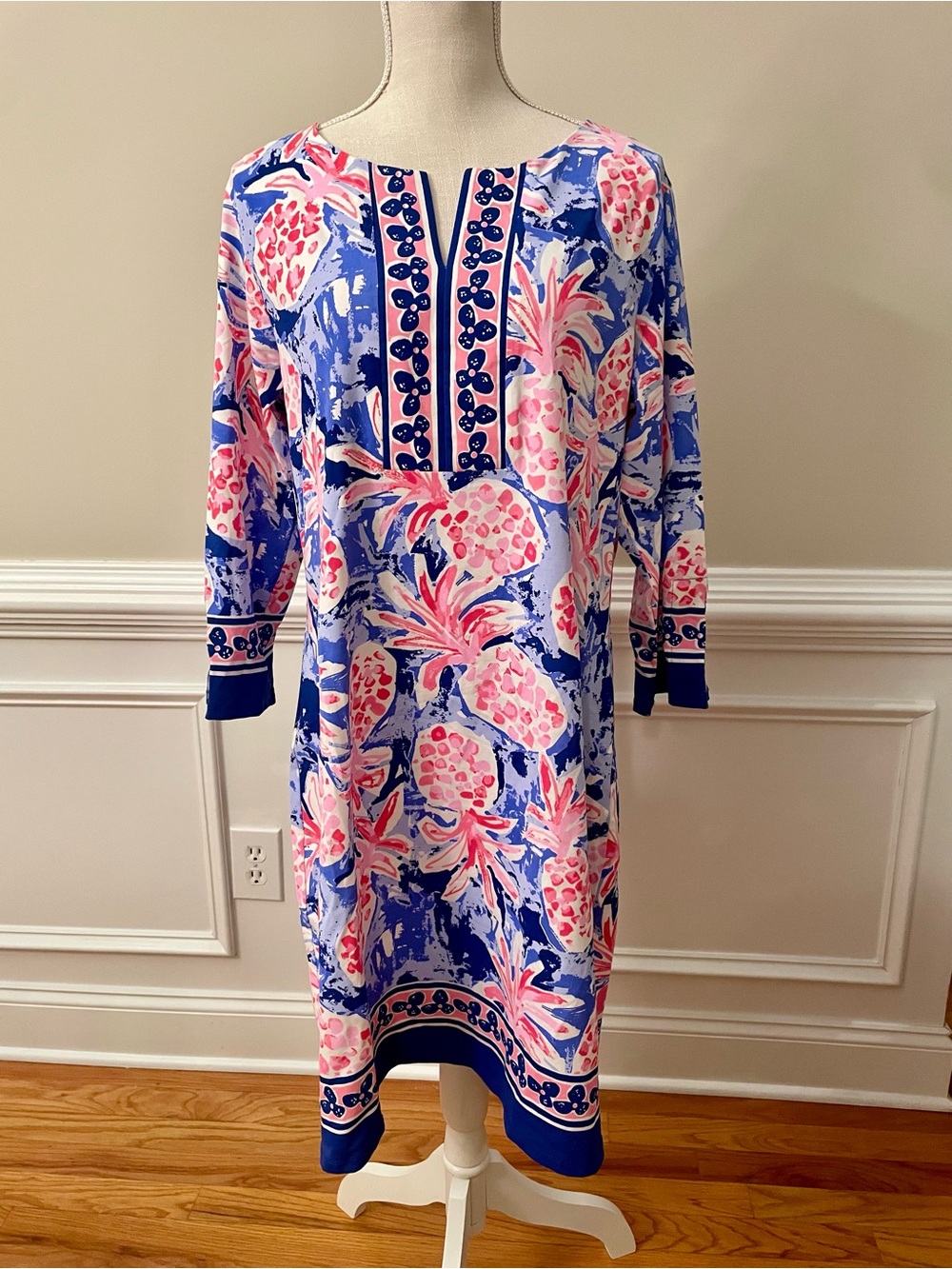Barbara Erickson Cotton Stretch 3/4 Sleeve Pink/Blue Pineapple Print Dress Sz XL